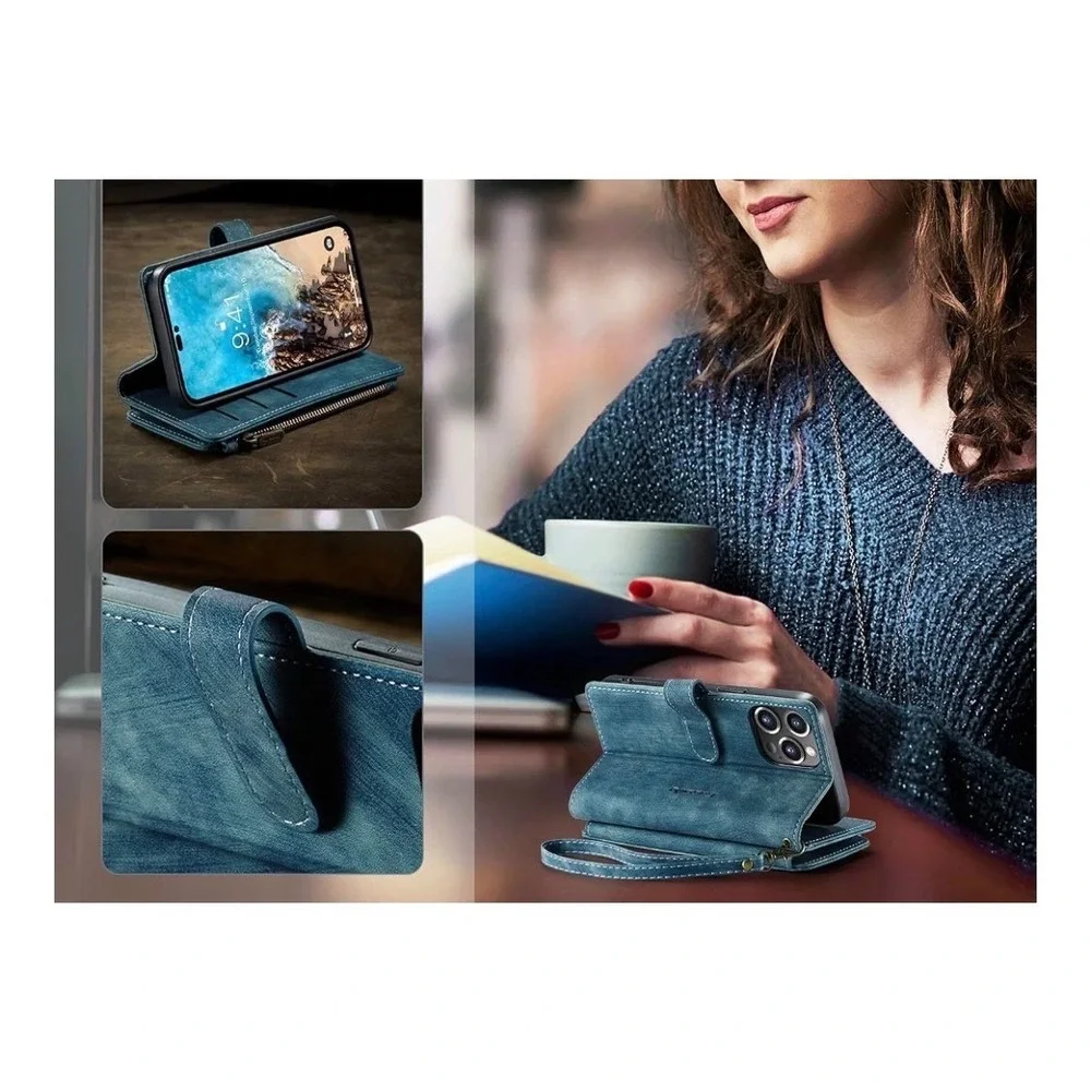 CaseMe Blue Vintage Leather Wallet Phone Case Zipper Card Holder Wristlet Strap